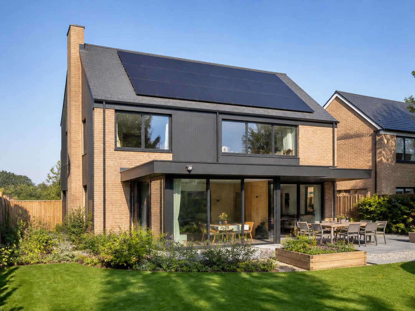 Modern UK home with black solar panels installed on the roof